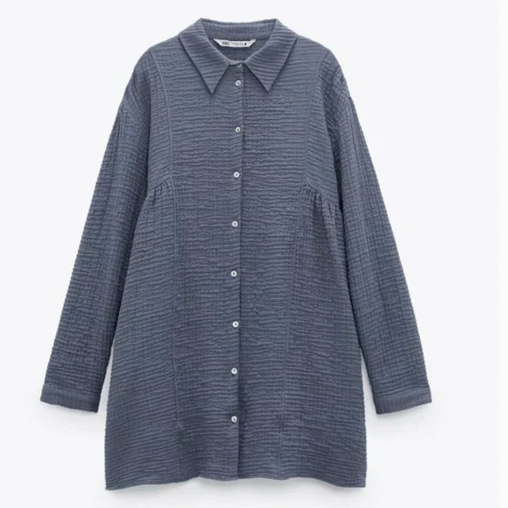 Zara Long Sleeve Blue Gray Crinkle Gauzy-cotton Mini Dress Size Medium NWOT